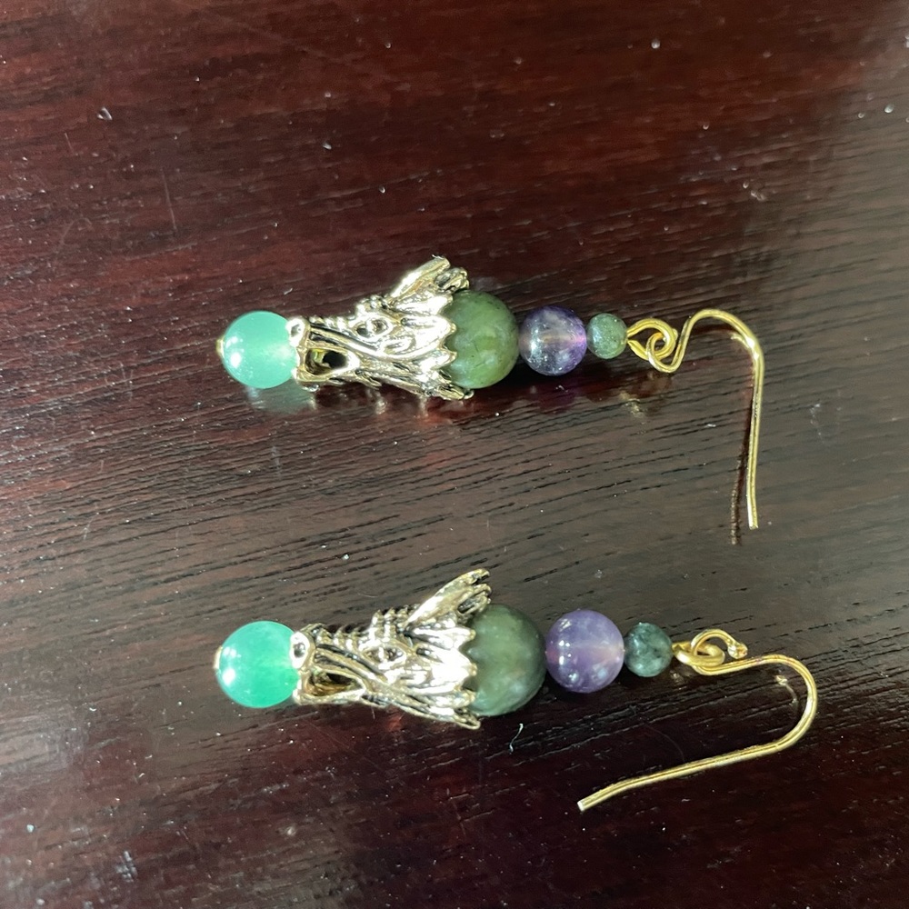 NWOT Green and Purple Jade Dragon 🐉 Plated Gold Earrings